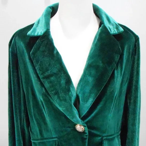 Women's Dark Green Velvet One Button Lapel Collared Blazer Slim Fit Jacket Sz-L? - Picture 1 of 7
